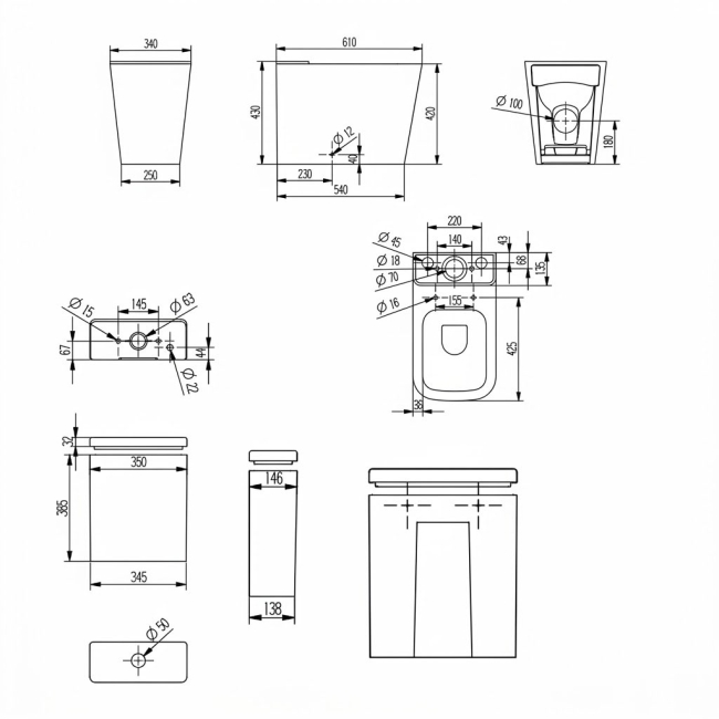 Verona Lovito Black Rimless Fully Back to Wall Close Coupled Toilet (inc Soft Close Seat)  | Dimension Image