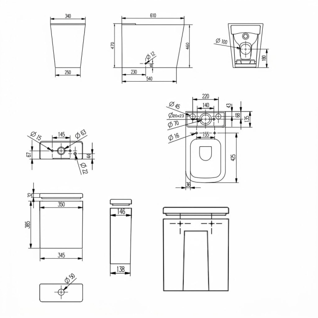 Verona Lovito Black Rimless Comfort Height Fully Back to Wall Close Coupled Toilet (inc Soft Close Seat)  | Dimension Image