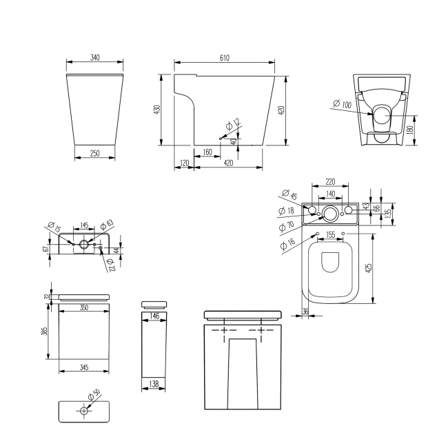 Verona Lovito Black Rimless Open Back Close Coupled Toilet (inc Soft Close Seat)  | Dimension Image