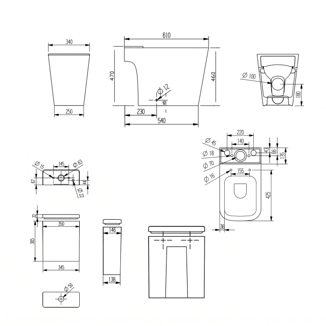 Verona Lovito Rimless Comfort Height Open Back Close Coupled Toilet (inc Soft Close Seat)  | Dimension Image