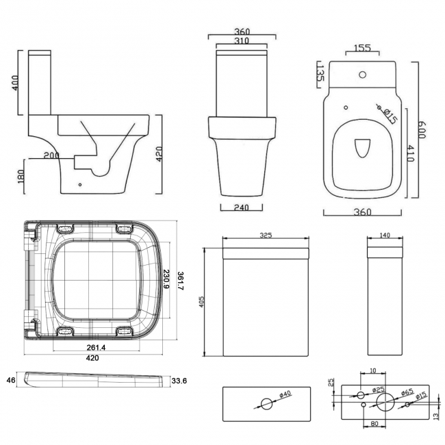 Verona Medici Flush to Wall Close Coupled Toilet with Push Button Cistern - Soft Close Seat