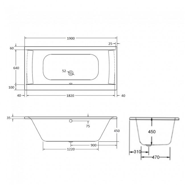 Verona Oporto Tungstenite Rectangular Double Ended Bath 1900mm x 800mm Tungstenite - Acrylic (inc Leg Set)