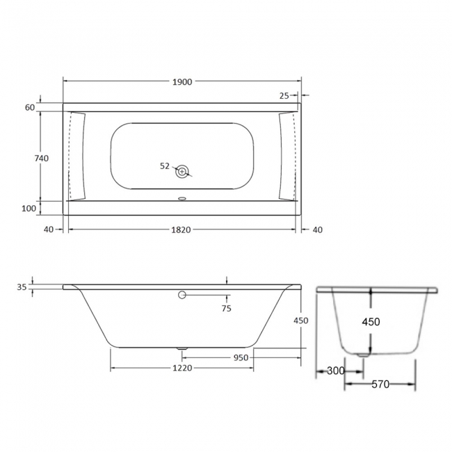 Verona Oporto Tungstenite Rectangular Double Ended Bath 1900mm x 900mm Tungstenite - Acrylic (inc Leg Set)
