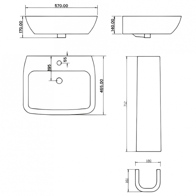 Verona Piccolo Basin with Full Pedestal 570mm Wide - 1 Tap Hole
