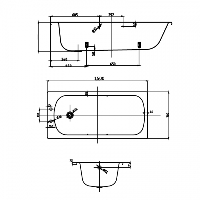 Verona Professional Anti-Slip Steel Bath with Twin Grips 1500mm x 700mm 2TH