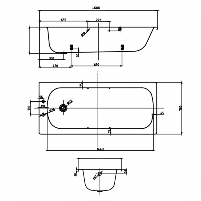Verona Professional Anti-Slip Steel Bath with Twin Grips 1600mm x 700mm 2TH