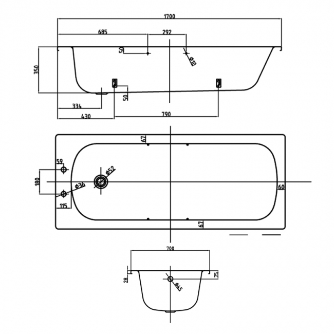 Verona Professional Anti-Slip Steel Bath with Twin Grips 1700mm x 700mm 2TH