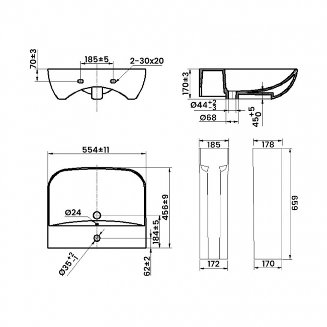 Verona Promenade Basin & Full Pedestal 550mm Wide 1 Tap Hole