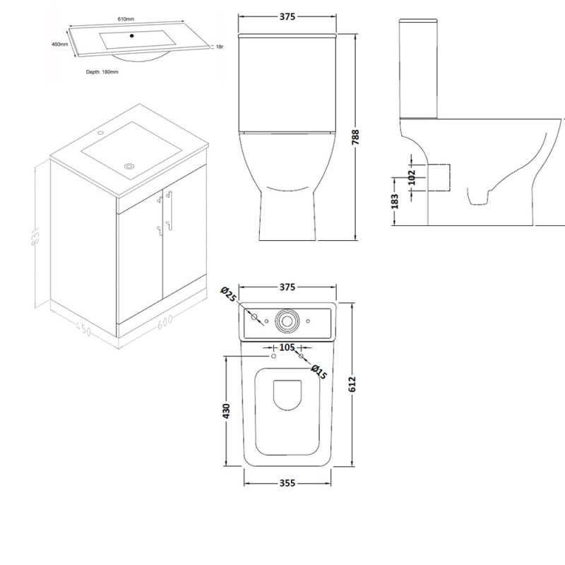 Verona Promenade Bathroom Cloakroom Suite Close Coupled Toilet 600mm Vanity Unit