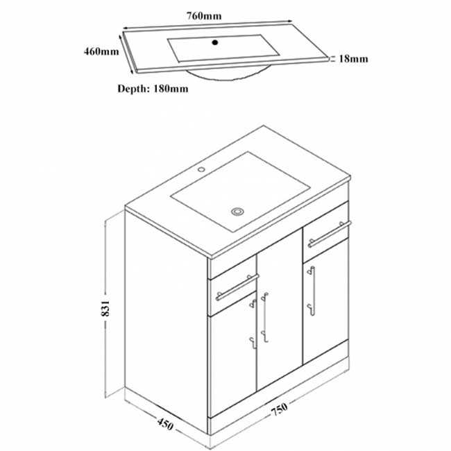 Verona Rialto Floor Standing Vanity Unit and Basin 750mm Wide White 1 Tap Hole