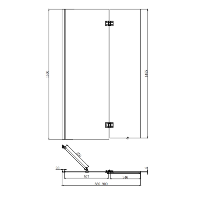 Verona Rivenza Matt Black 8mm Straight Hinged Bath Screen 1500mm H x 900mm W  | Dimension Image