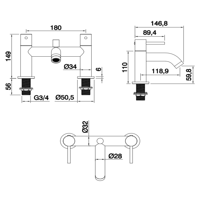 Verona Rivenza Chrome Bath Shower Mixer Tap (inc Kit)  | Dimension Image