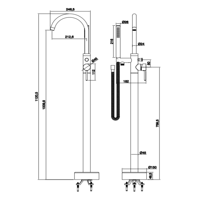Verona RIvenza Brushed Brass Freestanding Bath Shower Mixer Tap (inc Kit)  | Dimension Image