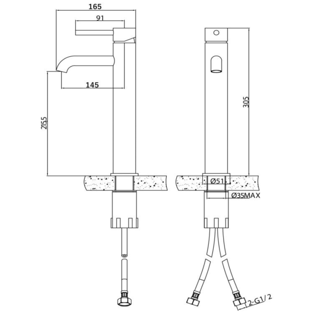 Verona Rivenza Chrome Tall High Rise Basin Mixer Tap  | Dimension Image