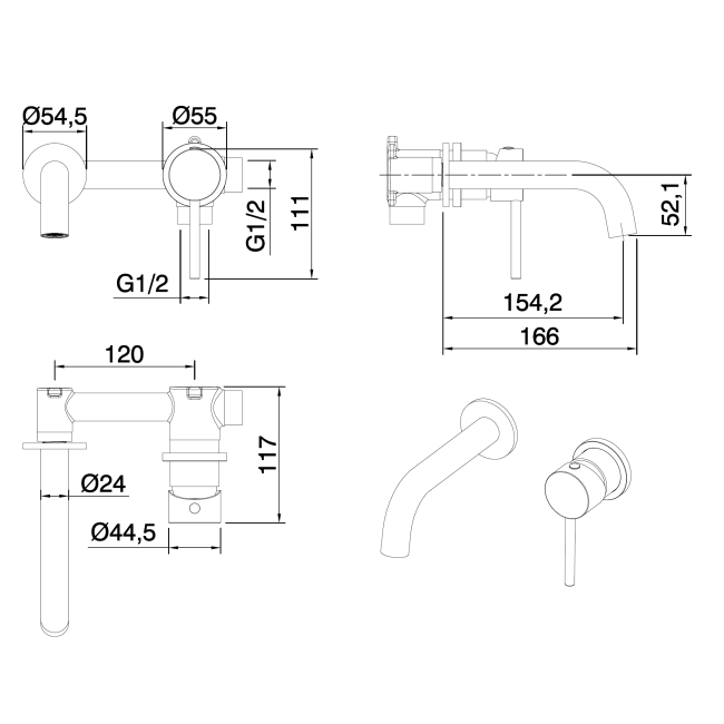 Verona Rivenza Chrome Wall Mounted Basin Mixer Tap  | Dimension Image