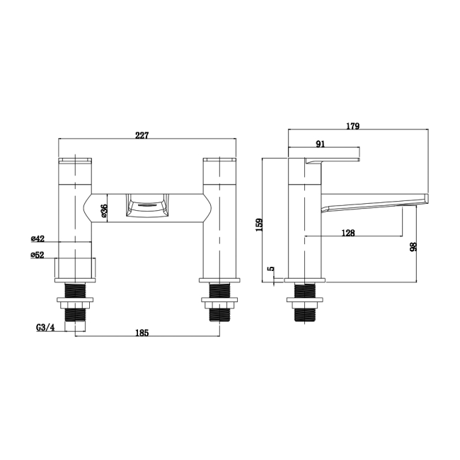 Verona Rovio Chrome Pillar Mounted Bath Filler Tap  | Dimension Image