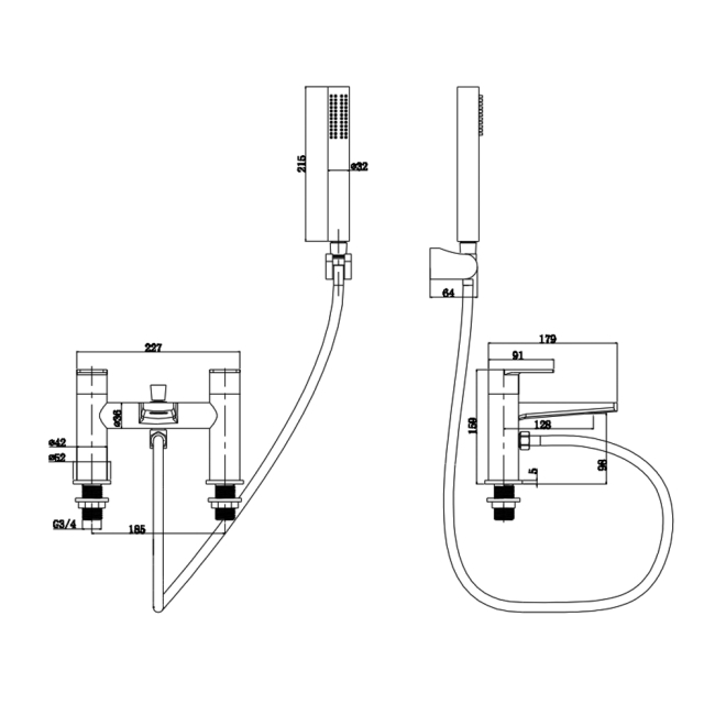Verona Rovio Chrome Pillar Mounted Bath Shower Mixer Tap (inc Kit)  | Dimension Image