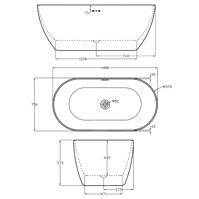 Verona Summit Luxury Double Ended Freestanding Bath 1480mm x 750mm - Acrylic