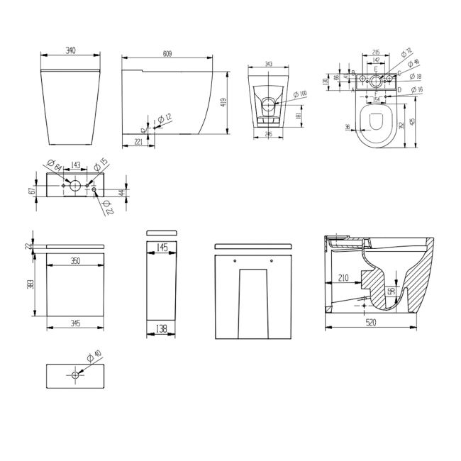 Verona Trevello Black Rimless Fully Back to Wall Close Coupled Toilet (inc Soft Close Seat)  | Dimension Image
