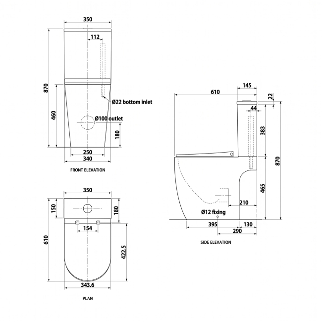 Verona Trevello Black Rimless Comfort Height Open Back Close Coupled Toilet (inc Soft Close Seat)  | Dimension Image