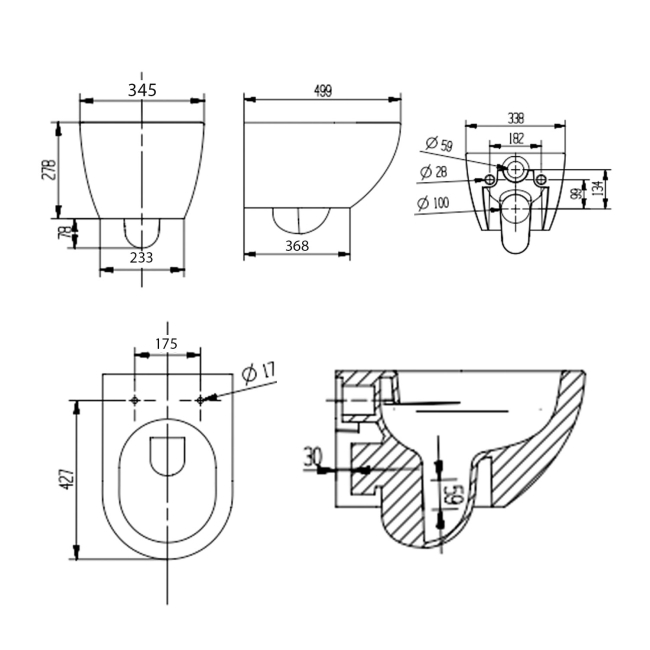 Verona Trevello Rimless Wall Hung Toilet (inc Soft Close Seat)  | Dimension Image