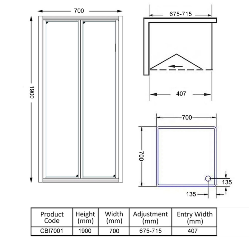 Verona Uno Bi-Fold Shower Door with Tray 700mm x 700mm - 6mm Glass