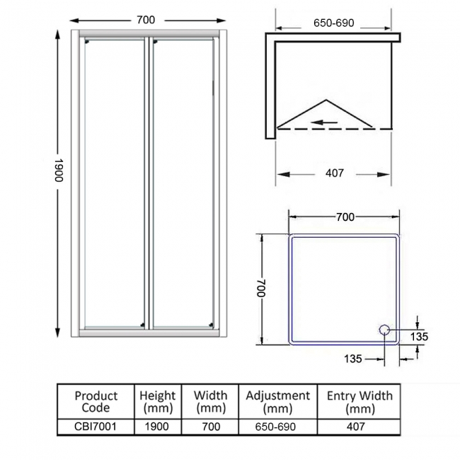 Verona Uno Bi-Fold Shower Door with Tray 700mm x 700mm - 6mm Glass