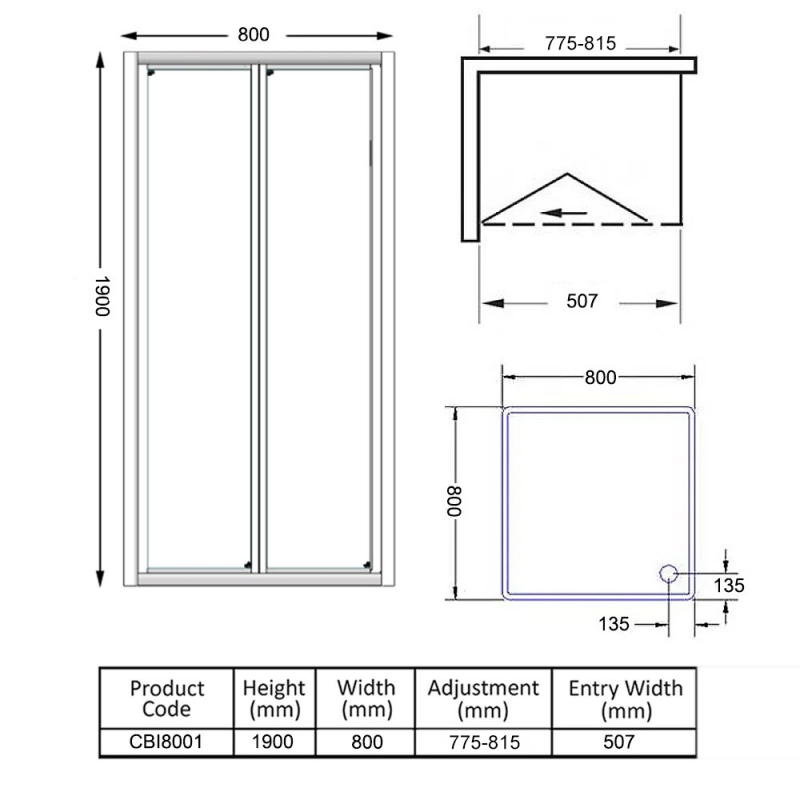 Verona Uno Bi-Fold Shower Door with Tray 800mm x 800mm - 6mm Glass
