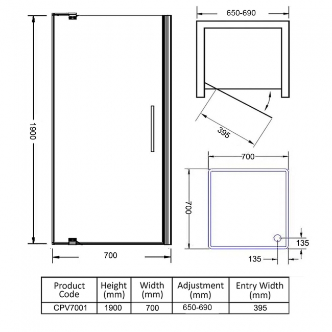 Verona Uno Pivot Shower Door with Tray 700mm x 760mm - 6mm Glass  | Dimension Image
