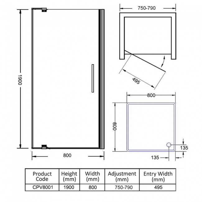 Verona Uno Pivot Shower Door with Tray 800mm x 800mm - 6mm Glass  | Dimension Image