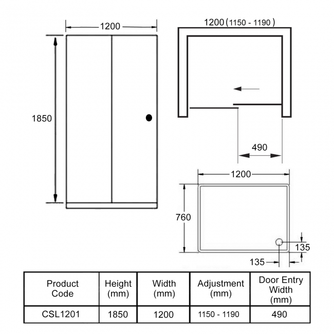 Verona Uno Sliding Shower Door with Tray 1200mm x 760mm - 6mm Glass