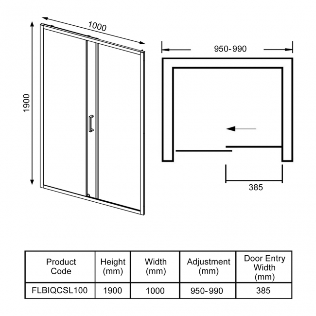 Verona Uno Sliding Shower Door 1000mm Wide - 6mm Glass