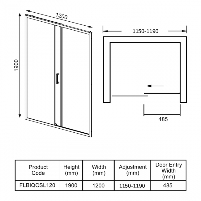 Verona Uno Sliding Shower Door 1200mm Wide - 6mm Glass