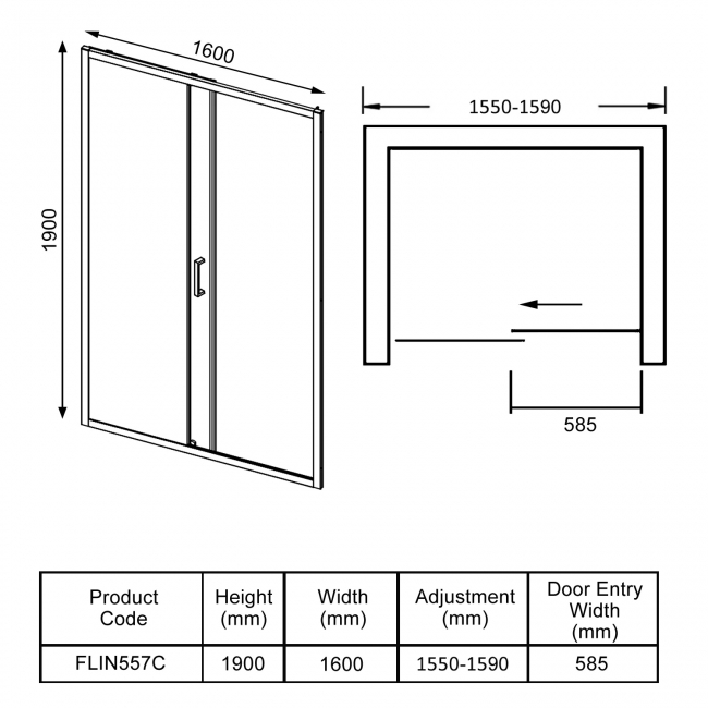 Verona Uno Sliding Shower Door 1600mm Wide - 6mm Glass