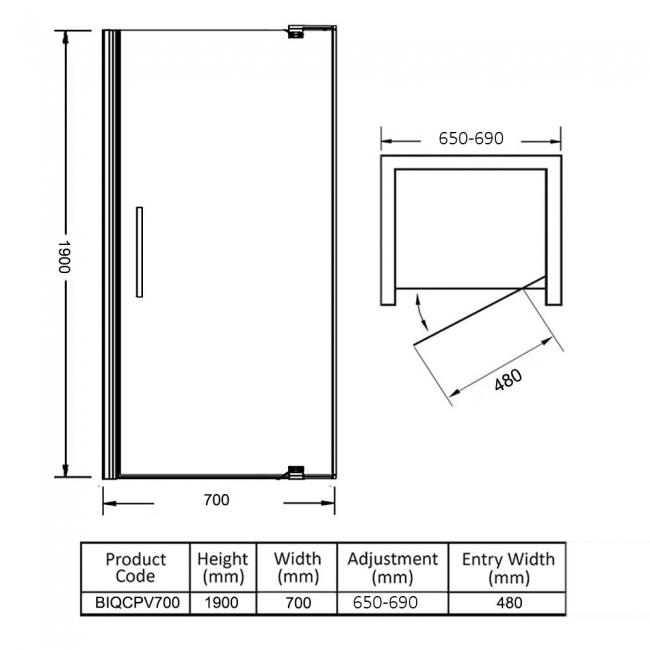 Verona Uno Pivot Shower Door 700mm Wide - 6mm Glass  | Dimension Image