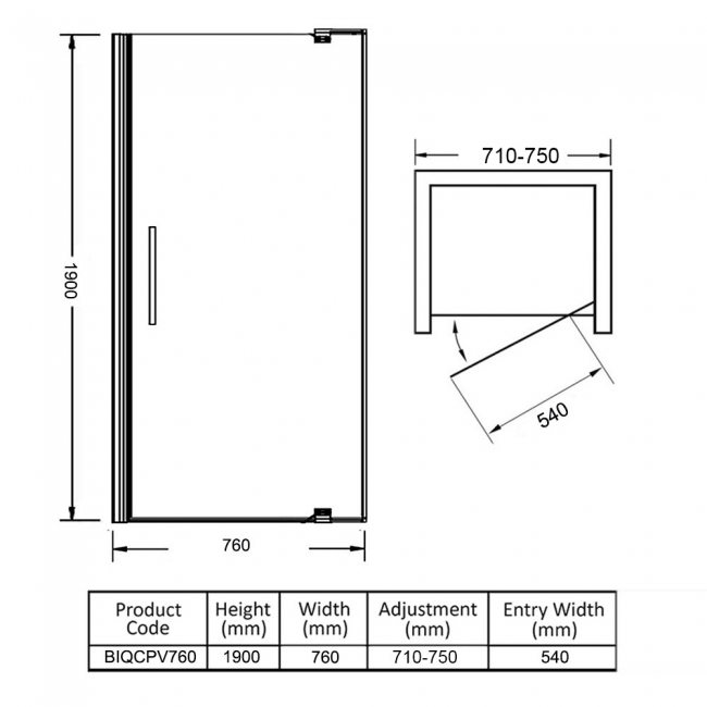 Verona Uno Pivot Shower Door 760mm Wide - 6mm Glass  | Dimension Image
