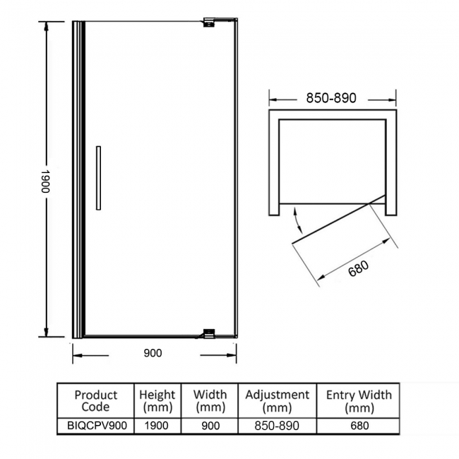 Verona Uno Pivot Shower Door 900mm Wide - 6mm Glass  | Dimension Image