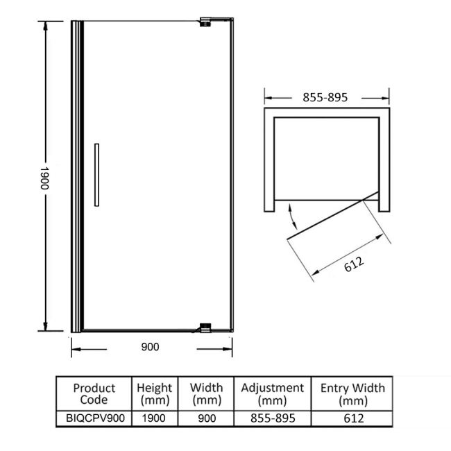 Verona Uno Pivot Shower Door 900mm Wide - 6mm Glass  | Dimension Image