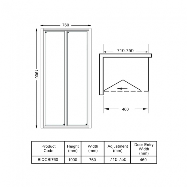 Verona Uno Bi-Fold Shower Door 760mm Wide - 4mm Glass
