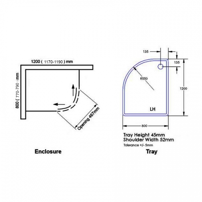 Verona Uno Offset Quadrant Shower Enclosure with Tray 1200mm x 800mm LH - 6mm Glass  | Dimension Image