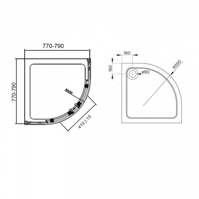 Verona Uno Quadrant Shower Enclosure with Tray 800mm x 800mm - 6mm Glass  | Dimension Image