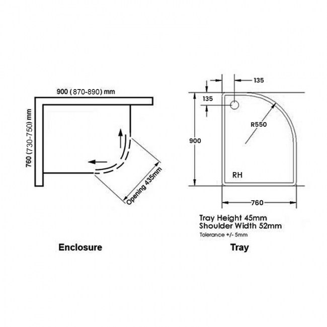 Verona Uno Offset Quadrant Shower Enclosure with Tray 900mm x 760mm RH - 6mm Glass  | Dimension Image
