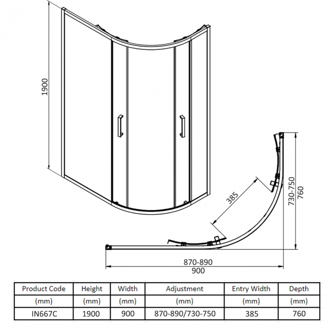 Verona Uno Offset Quadrant Shower Enclosure 900mm x 760mm - 6mm Glass