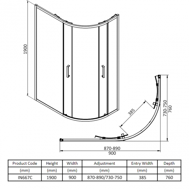 Verona Uno Offset Quadrant Shower Enclosure 900mm x 760mm - 6mm Glass  | Dimension Image