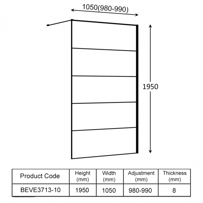 Verona Aquaglass Velar Black Linear Walk-in Shower Panel 1000mm Wide with Stabilising Bar and Towel Rail - 8mm Glass