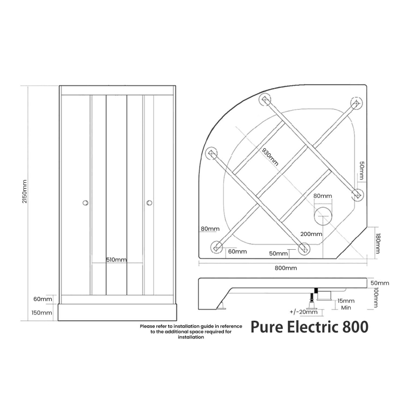 Vidalux Pure E Quadrant Shower Cabin 800mm with Luxury White Electric Shower 8.5 KW - Black