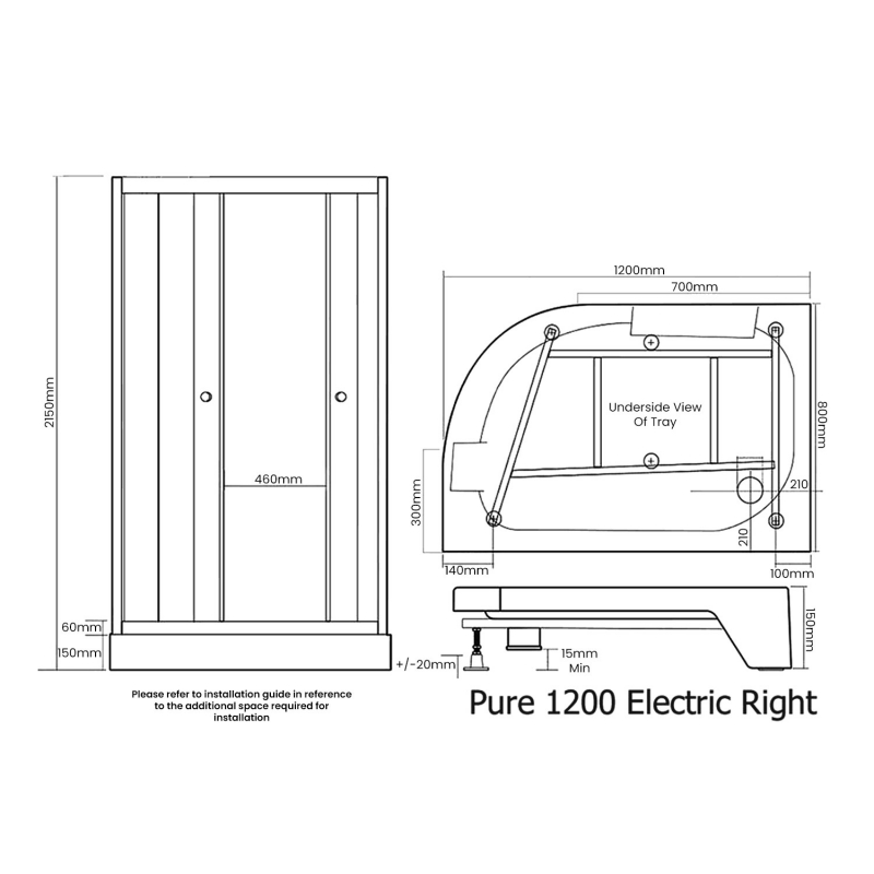 Vidalux Pure E Offset Quadrant Shower Cabin 1200mm RH with Standard Electric Shower 8.5 KW - White