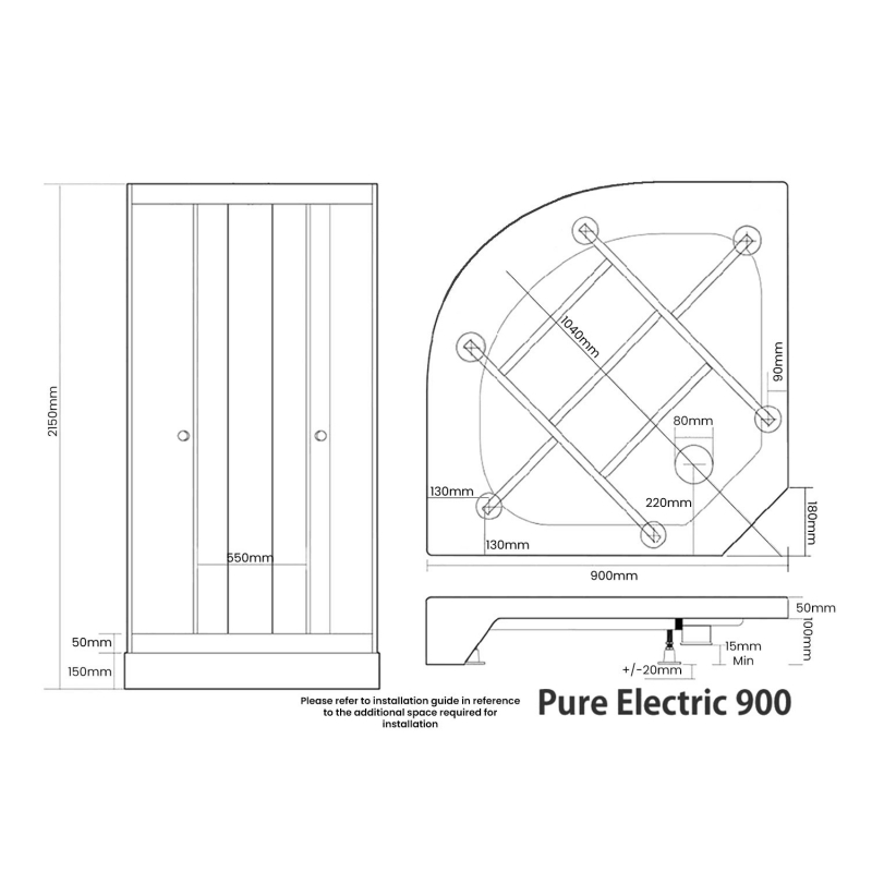 Vidalux Pure E Quadrant Shower Cabin 900mm with Standard Electric Shower 9.5 KW - White