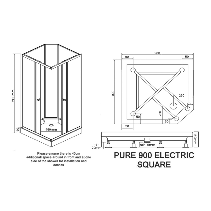 Vidalux Pure E Square Shower Cabin 900mm with Standard Electric Shower 9.5 KW - White