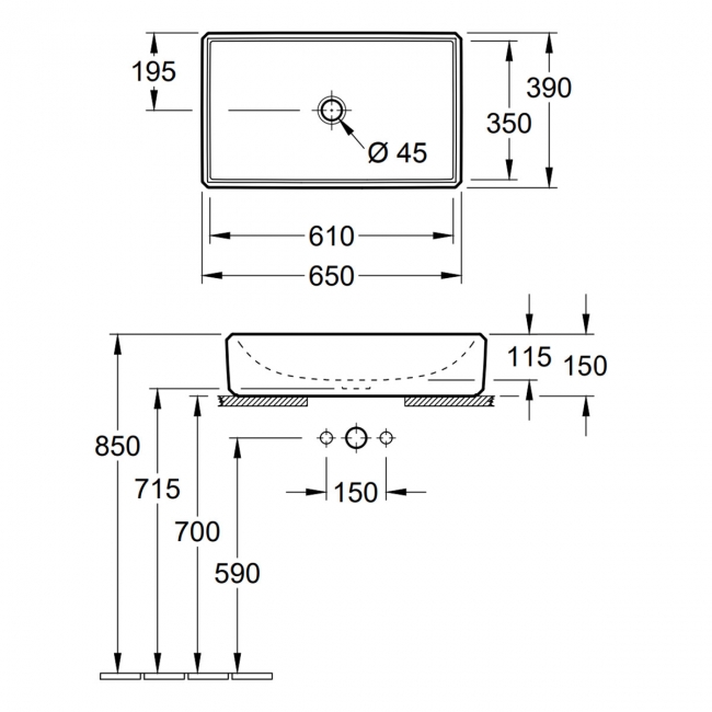 Villeroy & Boch Antheus Sit-On Countertop Basin 645mm Wide - 0 Tap Hole  | Dimension Image
